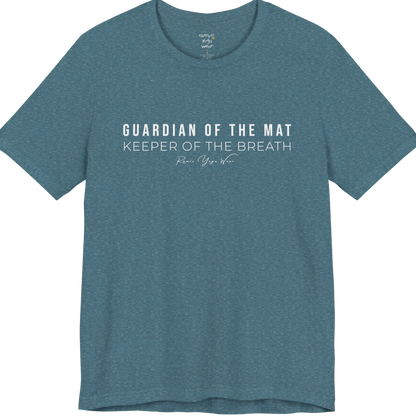 GUARDIAN OF THE MAT KEEPER OF THE BREATH yoga teacher gift tee flat lay in Heather Deep Teal — Yoga Teacher Gifts collection by Ramro Yoga Wear