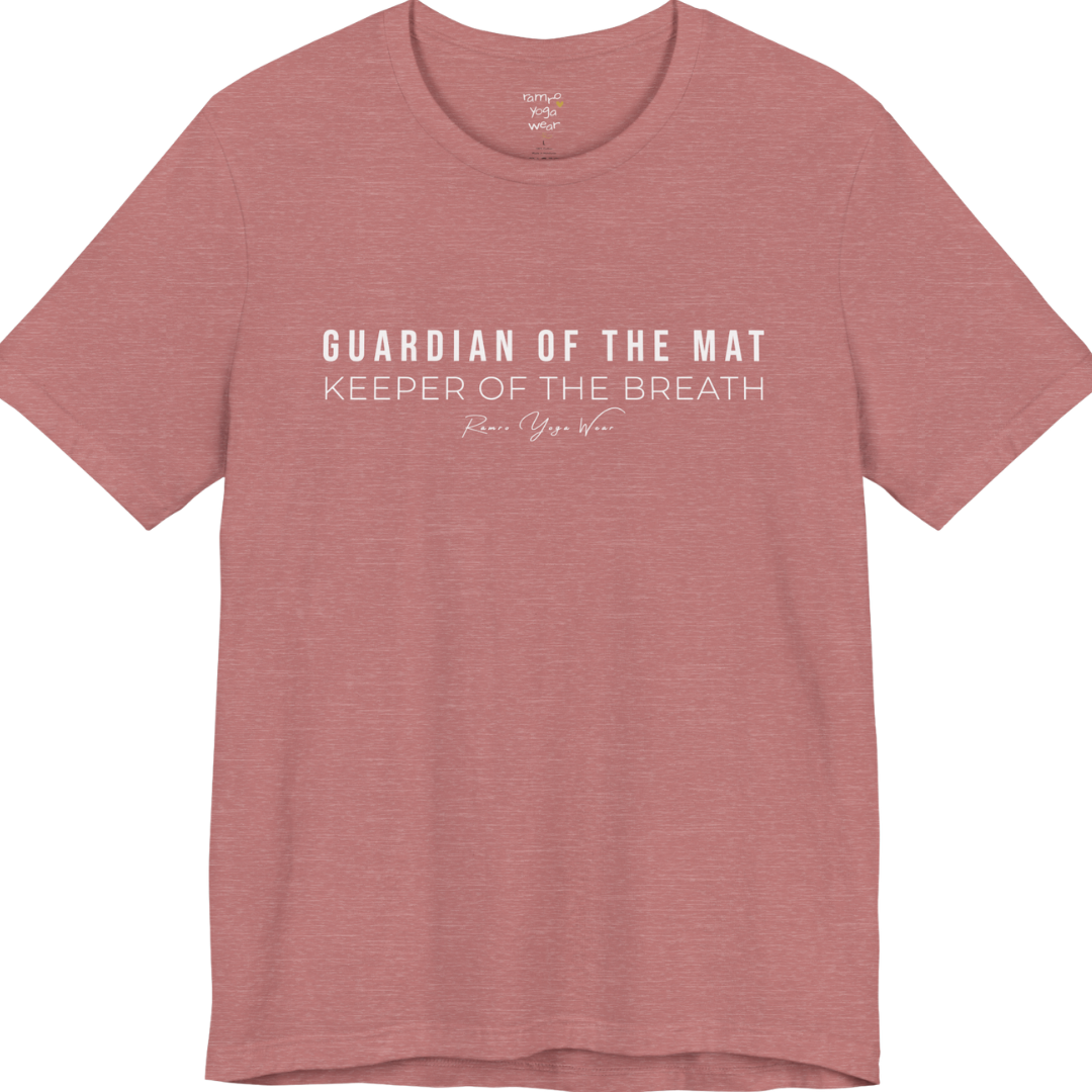 GUARDIAN OF THE MAT KEEPER OF THE BREATH yoga teacher gift tee flat lay in Heather Mauve — Yoga Teacher Gifts collection by Ramro Yoga Wear