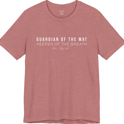 GUARDIAN OF THE MAT KEEPER OF THE BREATH yoga teacher gift tee flat lay in Heather Mauve — Yoga Teacher Gifts collection by Ramro Yoga Wear