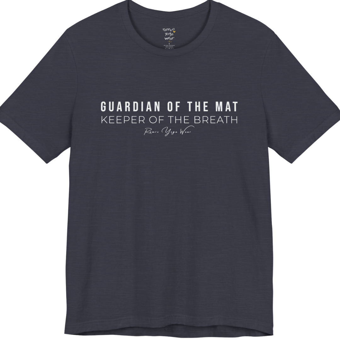 GUARDIAN OF THE MAT KEEPER OF THE BREATH yoga teacher gift tee flat lay in Heather Midnight Navy — Yoga Teacher Gifts collection by Ramro Yoga Wear