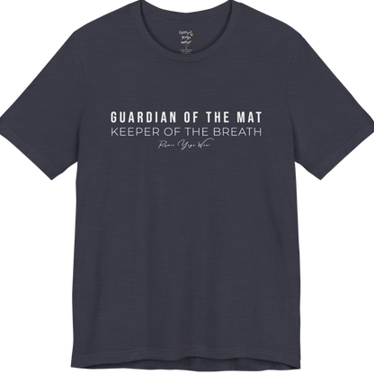GUARDIAN OF THE MAT KEEPER OF THE BREATH yoga teacher gift tee flat lay in Heather Midnight Navy — Yoga Teacher Gifts collection by Ramro Yoga Wear