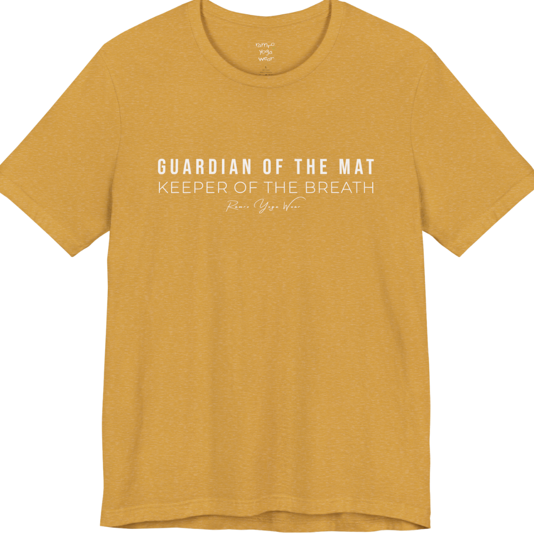 GUARDIAN OF THE MAT KEEPER OF THE BREATH yoga teacher gift tee flat lay in Heather Mustard — Yoga Teacher Gifts collection by Ramro Yoga Wear