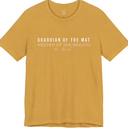 GUARDIAN OF THE MAT KEEPER OF THE BREATH yoga teacher gift tee flat lay in Heather Mustard — Yoga Teacher Gifts collection by Ramro Yoga Wear