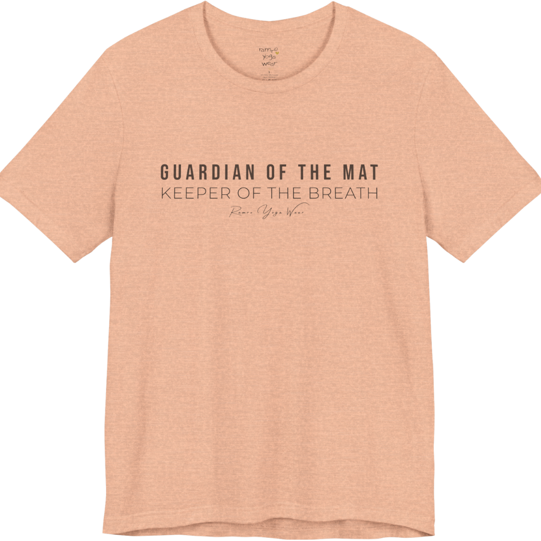GUARDIAN OF THE MAT KEEPER OF THE BREATH yoga teacher gift tee flat lay in Heather Peach — Yoga Teacher Gifts collection by Ramro Yoga Wear