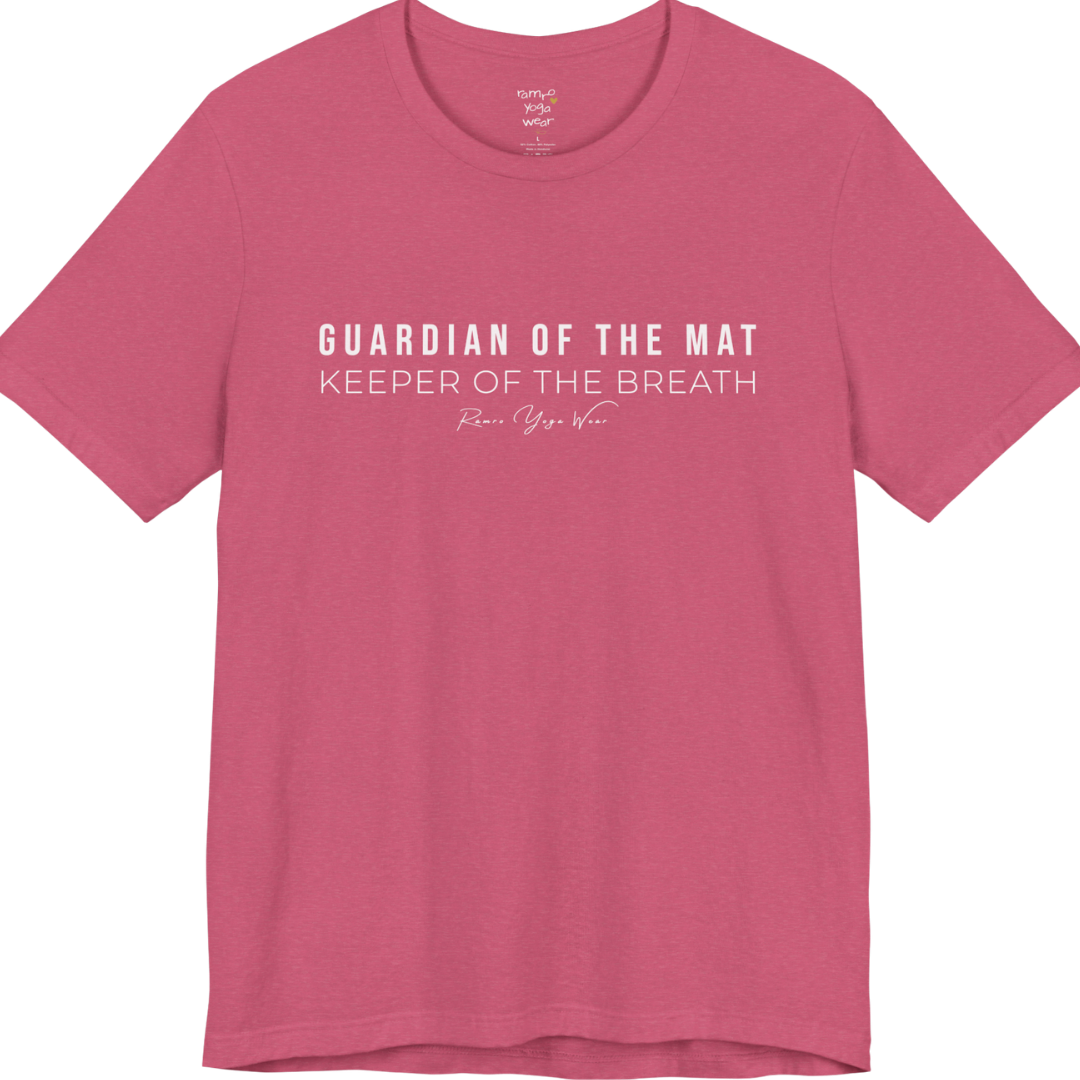 GUARDIAN OF THE MAT KEEPER OF THE BREATH yoga teacher gift tee flat lay in Heather Raspberry — Yoga Teacher Gifts collection by Ramro Yoga Wear