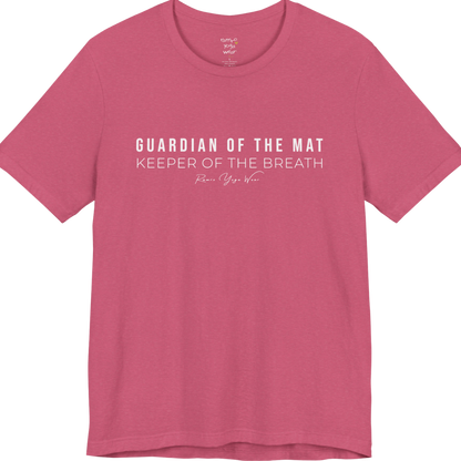 GUARDIAN OF THE MAT KEEPER OF THE BREATH yoga teacher gift tee flat lay in Heather Raspberry — Yoga Teacher Gifts collection by Ramro Yoga Wear