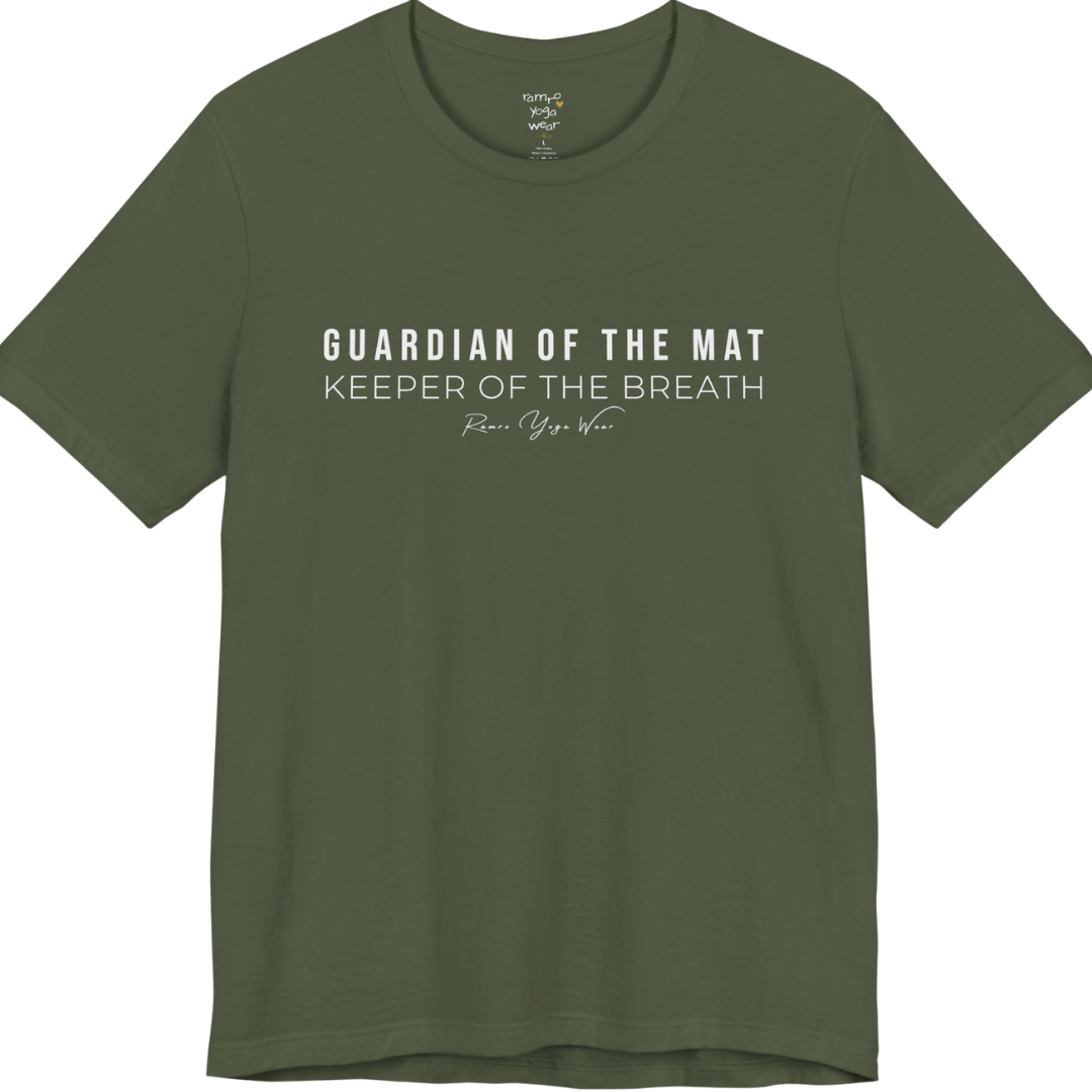 GUARDIAN OF THE MAT KEEPER OF THE BREATH yoga teacher gift tee flat lay in Military Green — Yoga Teacher Gifts collection by Ramro Yoga Wear