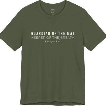 GUARDIAN OF THE MAT KEEPER OF THE BREATH yoga teacher gift tee flat lay in Military Green — Yoga Teacher Gifts collection by Ramro Yoga Wear
