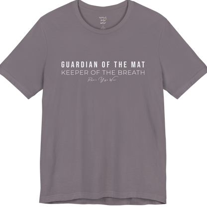 GUARDIAN OF THE MAT KEEPER OF THE BREATH yoga teacher gift tee flat lay in Storm — Yoga Teacher Gifts collection by Ramro Yoga Wear