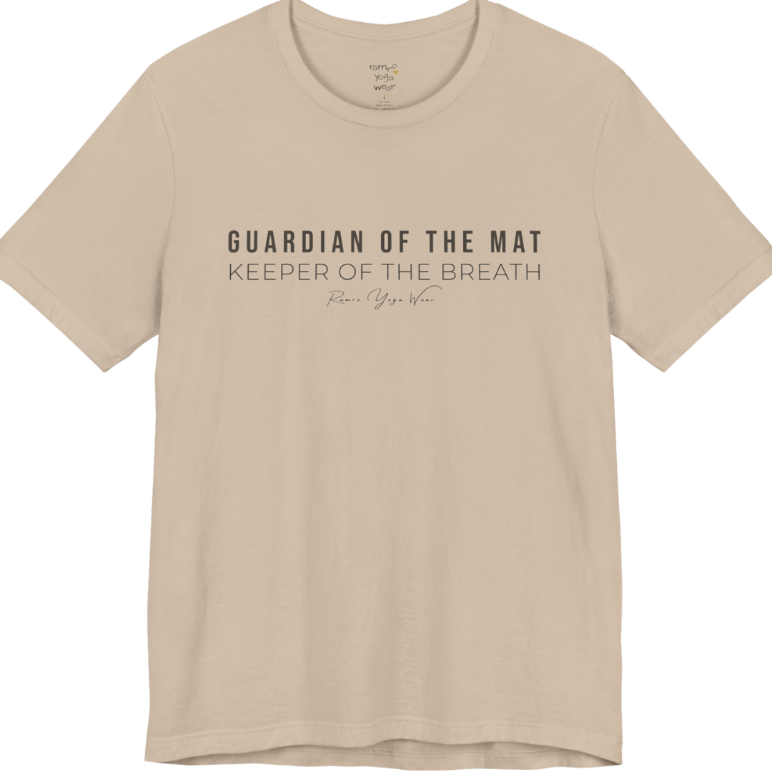 GUARDIAN OF THE MAT KEEPER OF THE BREATH yoga teacher gift tee flat lay in Tan — Yoga Teacher Gifts collection by Ramro Yoga Wear
