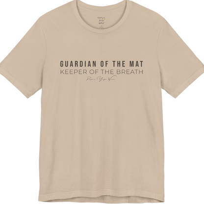 GUARDIAN OF THE MAT KEEPER OF THE BREATH yoga teacher gift tee flat lay in Tan — Yoga Teacher Gifts collection by Ramro Yoga Wear