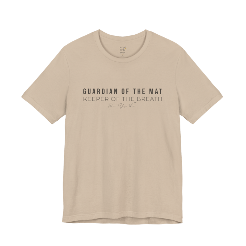 GUARDIAN OF THE MAT KEEPER OF THE BREATH yoga teacher gift tee flat lay in Tan — Yoga Teacher Gifts collection by Ramro Yoga Wear