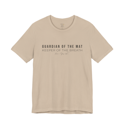 GUARDIAN OF THE MAT KEEPER OF THE BREATH yoga teacher gift tee flat lay in Tan — Yoga Teacher Gifts collection by Ramro Yoga Wear