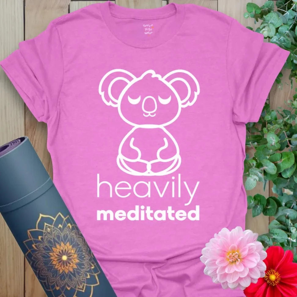Radiant orchid-colored yoga tee featuring adorable meditating koala illustration and funny meditation quote.