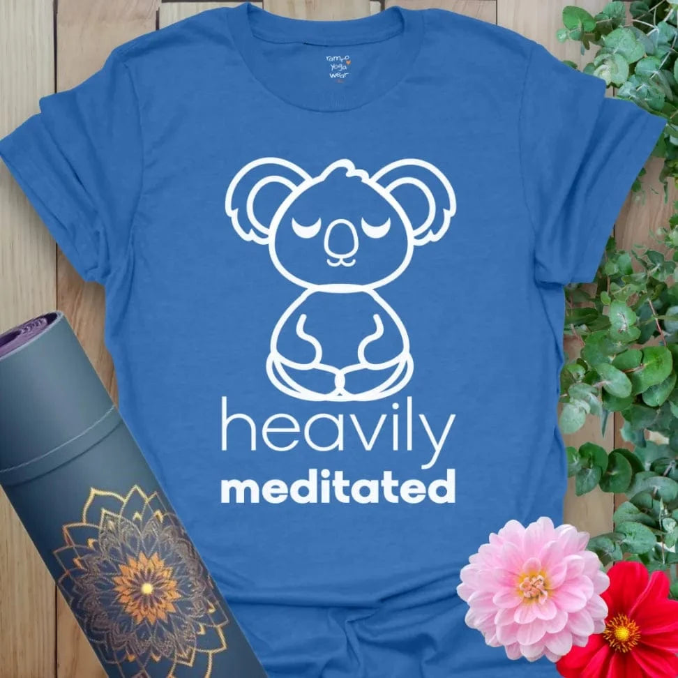 Soft cotton unisex yoga t-shirt featuring cute meditating koala and "Heavily Meditated" quote for soulful, mindful living.