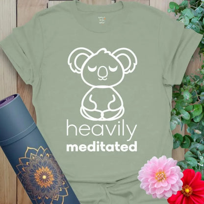 Calm sage green yoga t-shirt with charming koala meditating design and light-hearted mindfulness mantra.