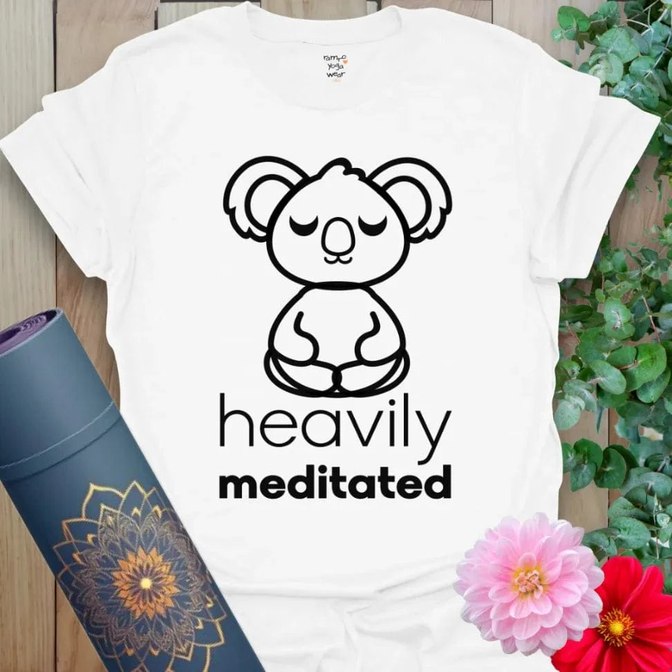 Clean white unisex yoga t-shirt featuring peaceful koala design and funny soulful meditation quote for light-hearted yogis.