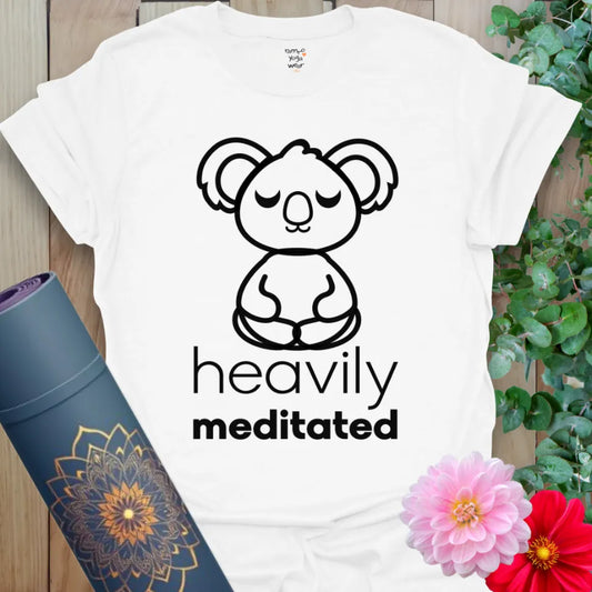 Clean white unisex yoga t-shirt featuring peaceful koala design and funny soulful meditation quote for light-hearted yogis.