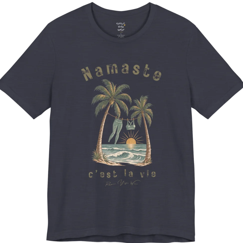 A short sleeved grunge tee with an illustrated scene of two palm trees framing a clothesline with leggings and a sports bra hanging between them, sun setting over waves, text reading "Namaste" and "c'est la vie" — Funny Yoga Shirts collection by Ramro Yoga Wear in Heather Midnight Navy.