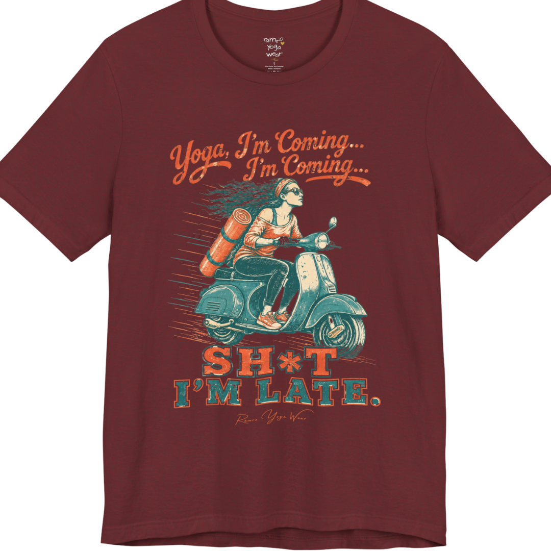 Short sleeved Tee, design is an illustrated scooter scene with yoga mat, reading "Yoga, I'm Coming... Sh*t I'm Late." — Funny Yoga Shirts collection by Ramro Yoga Wear in Heather Cardinal