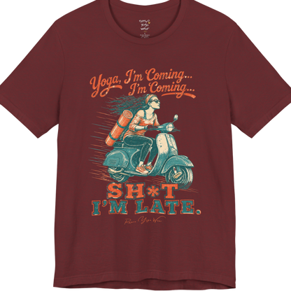 Short sleeved Tee, design is an illustrated scooter scene with yoga mat, reading "Yoga, I'm Coming... Sh*t I'm Late." — Funny Yoga Shirts collection by Ramro Yoga Wear in Heather Cardinal