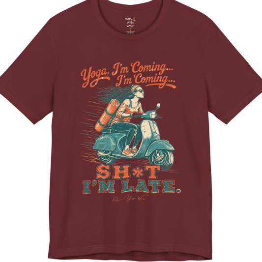Short sleeved Tee, design is an illustrated scooter scene with yoga mat, reading "Yoga, I'm Coming... Sh*t I'm Late." — Funny Yoga Shirts collection by Ramro Yoga Wear in Heather Cardinal