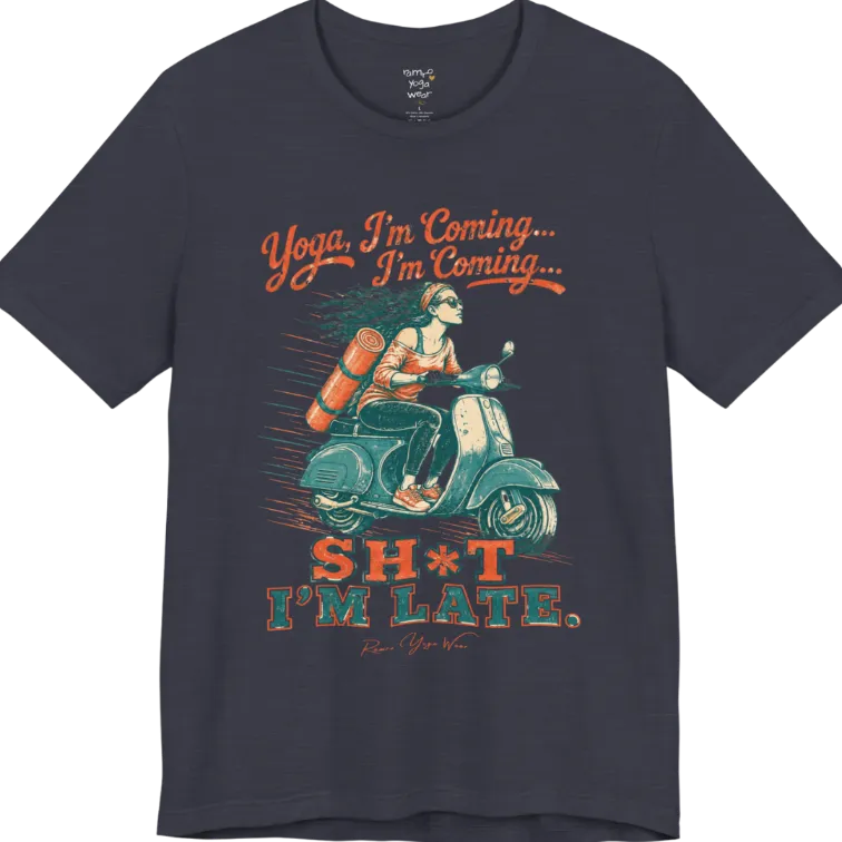 Short sleeved Tee, design is an illustrated scooter scene with yoga mat, reading "Yoga, I'm Coming... Sh*t I'm Late." — Funny Yoga Shirts collection by Ramro Yoga Wear in Heather Midnight Navy