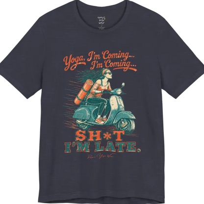 Short sleeved Tee, design is an illustrated scooter scene with yoga mat, reading "Yoga, I'm Coming... Sh*t I'm Late." — Funny Yoga Shirts collection by Ramro Yoga Wear in Heather Midnight Navy