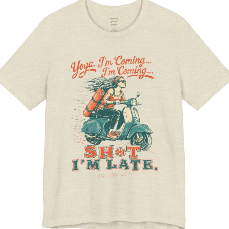 Short sleeved Tee, design is an illustrated scooter scene with yoga mat, reading "Yoga, I'm Coming... Sh*t I'm Late." — Funny Yoga Shirts collection by Ramro Yoga Wear in Heather Prism Natural
