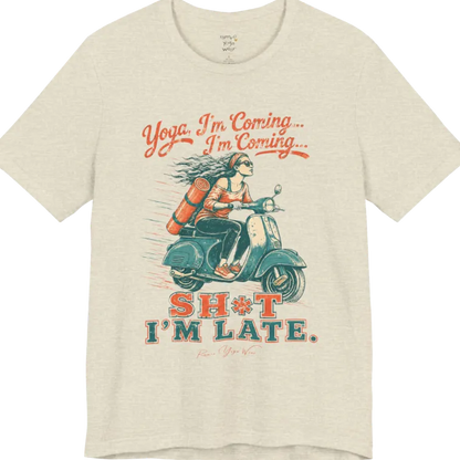 Short sleeved Tee, design is an illustrated scooter scene with yoga mat, reading "Yoga, I'm Coming... Sh*t I'm Late." — Funny Yoga Shirts collection by Ramro Yoga Wear in Heather Prism Natural