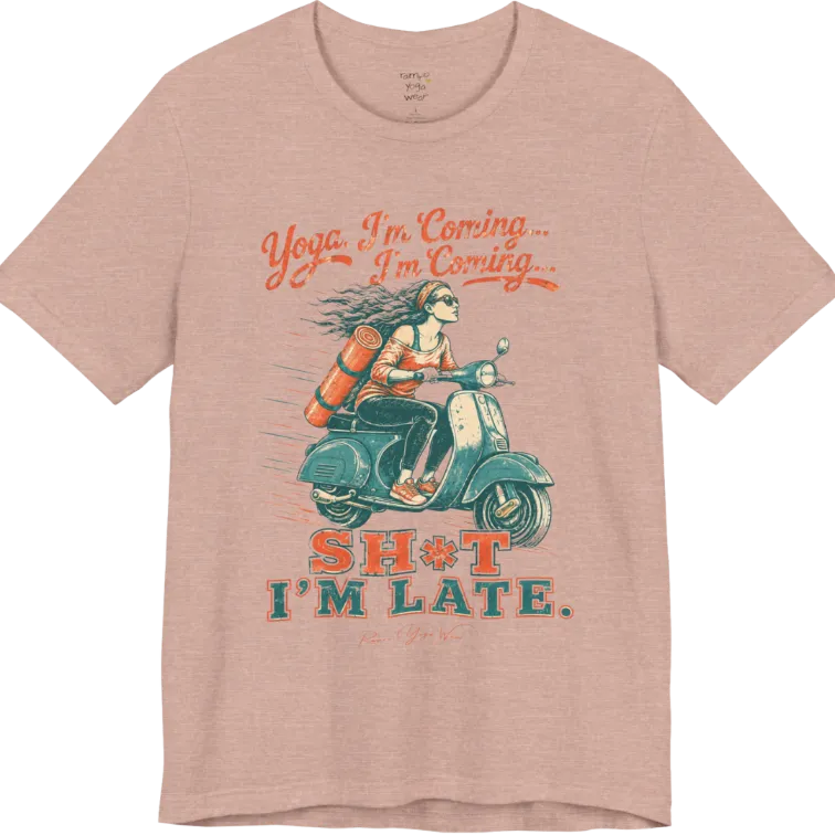 Short sleeved Tee, design is an illustrated scooter scene with yoga mat, reading "Yoga, I'm Coming... Sh*t I'm Late." — Funny Yoga Shirts collection by Ramro Yoga Wear in Heather Prism Peach