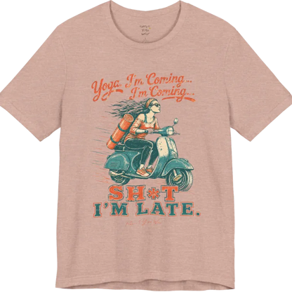 Short sleeved Tee, design is an illustrated scooter scene with yoga mat, reading "Yoga, I'm Coming... Sh*t I'm Late." — Funny Yoga Shirts collection by Ramro Yoga Wear in Heather Prism Peach