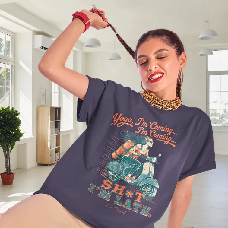 Person wearing Late tee Heather Midnight Navy sacred yoga shirt playfully flipping their braid indoors — Funny Yoga Shirts collection by Ramro Yoga Wear