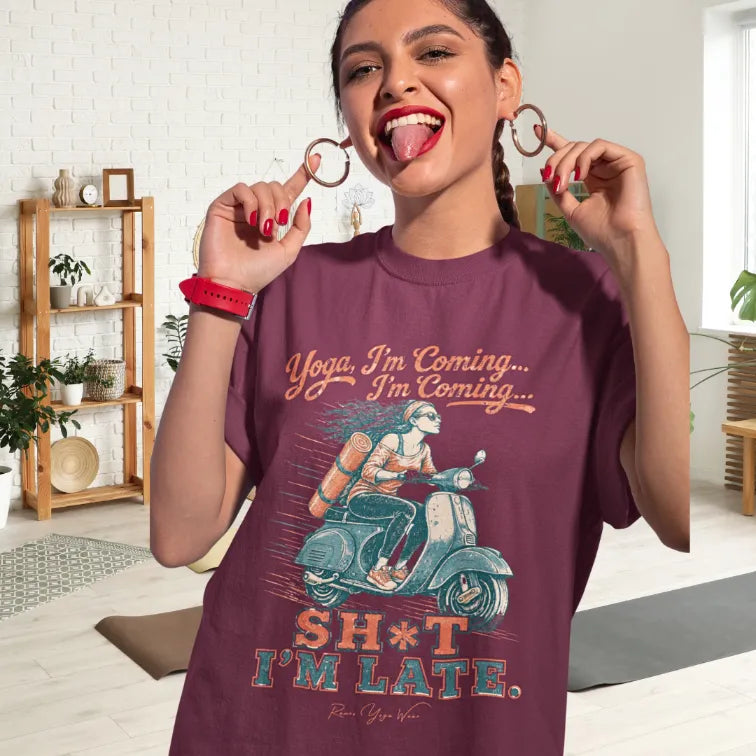 Person wearing Late tee Heather Cardinal sacred yoga shirt laughing indoors with a yoga mat nearby — Funny Yoga Shirts collection by Ramro Yoga Wear