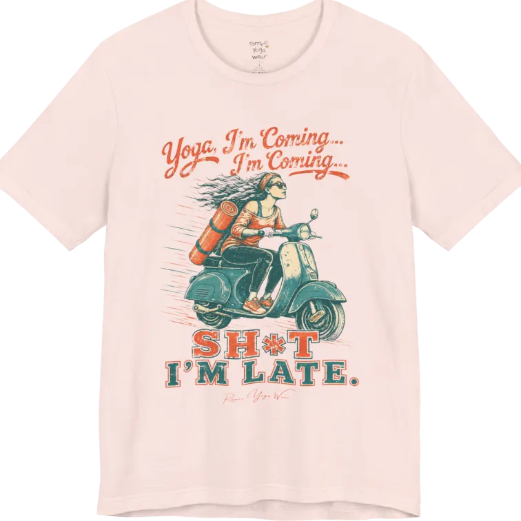 Short sleeved Tee, design is an illustrated scooter scene with yoga mat, reading "Yoga, I'm Coming... Sh*t I'm Late." — Funny Yoga Shirts collection by Ramro Yoga Wear in Soft Pink