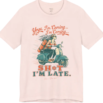 Short sleeved Tee, design is an illustrated scooter scene with yoga mat, reading "Yoga, I'm Coming... Sh*t I'm Late." — Funny Yoga Shirts collection by Ramro Yoga Wear in Soft Pink