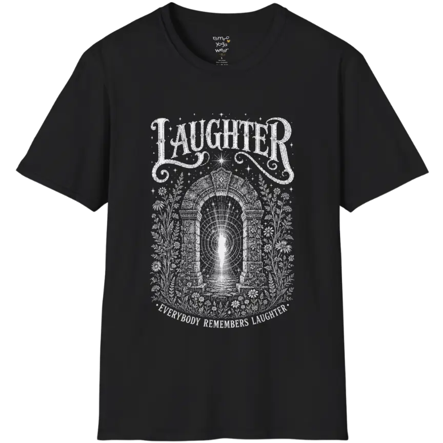 Short sleeved tee with a design showing a stone archway with light and sound-wave ripples — Sacred Thread collection by Ramro Yoga Wear in Black