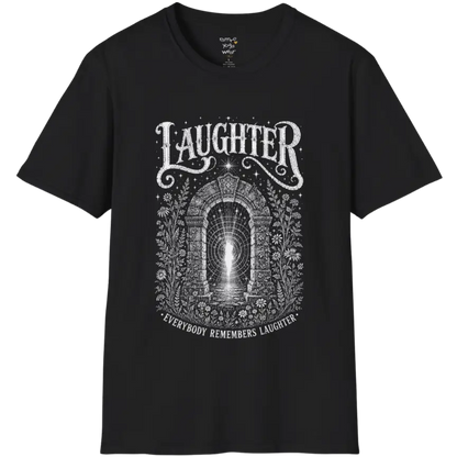 Short sleeved tee with a design showing a stone archway with light and sound-wave ripples — Sacred Thread collection by Ramro Yoga Wear in Black