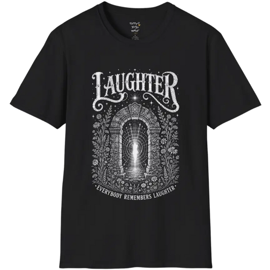 Short sleeved tee with a design showing a stone archway with light and sound-wave ripples — Sacred Thread collection by Ramro Yoga Wear in Black