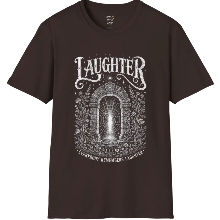 Short sleeved tee with a design showing a stone archway with light and sound-wave ripples — Sacred Thread collection by Ramro Yoga Wear in Dark Choloate