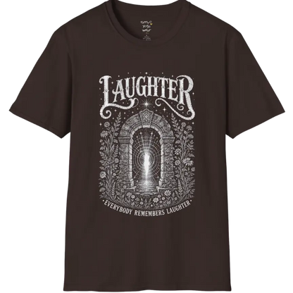 Short sleeved tee with a design showing a stone archway with light and sound-wave ripples — Sacred Thread collection by Ramro Yoga Wear in Dark Choloate