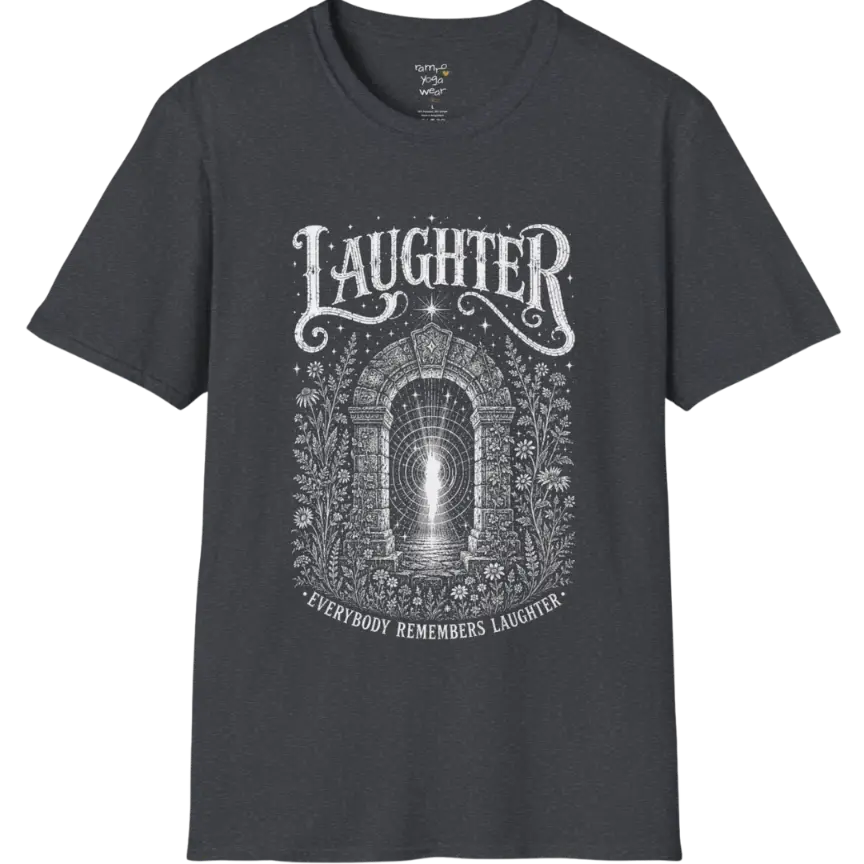 Short sleeved tee with a design showing a stone archway with light and sound-wave ripples — Sacred Thread collection by Ramro Yoga Wear in Dark Heather Grey