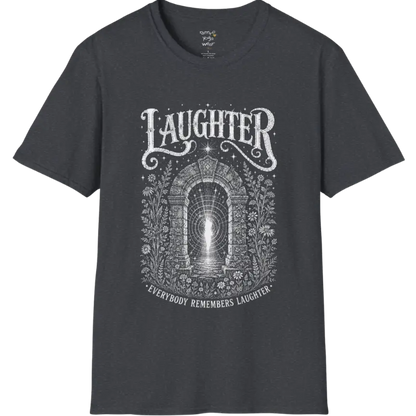 Short sleeved tee with a design showing a stone archway with light and sound-wave ripples — Sacred Thread collection by Ramro Yoga Wear in Dark Heather Grey