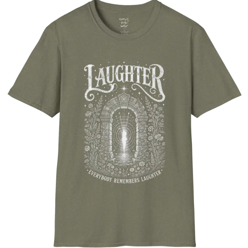 Short sleeved tee with a design showing a stone archway with light and sound-wave ripples — Sacred Thread collection by Ramro Yoga Wear in Heather Military Green