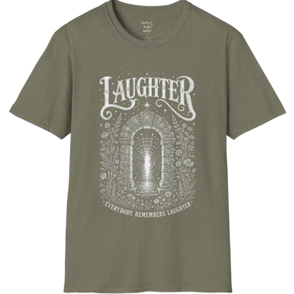 Short sleeved tee with a design showing a stone archway with light and sound-wave ripples — Sacred Thread collection by Ramro Yoga Wear in Heather Military Green