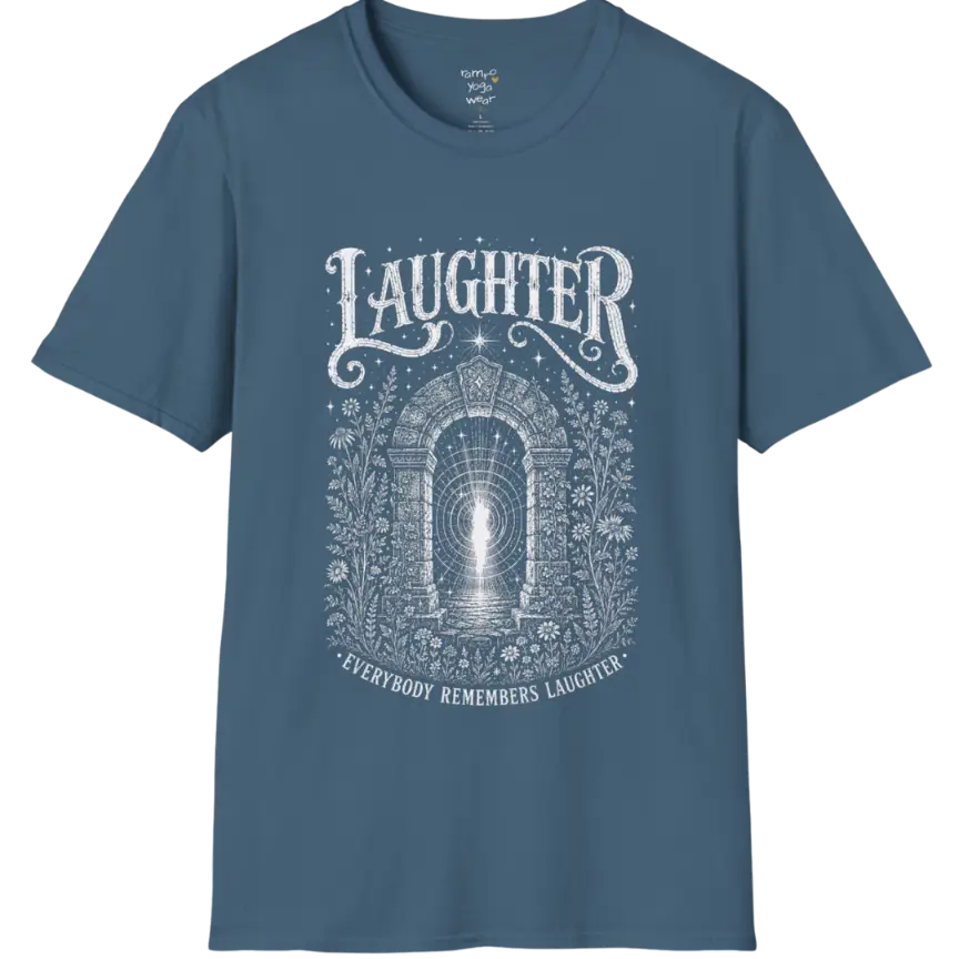 Short sleeved tee with a design showing a stone archway with light and sound-wave ripples — Sacred Thread collection by Ramro Yoga Wear in Indigo Blue