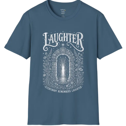Short sleeved tee with a design showing a stone archway with light and sound-wave ripples — Sacred Thread collection by Ramro Yoga Wear in Indigo Blue