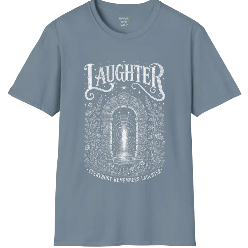 Short sleeved tee with a design showing a stone archway with light and sound-wave ripples — Sacred Thread collection by Ramro Yoga Wear in Stone Blue