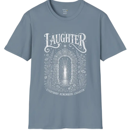 Short sleeved tee with a design showing a stone archway with light and sound-wave ripples — Sacred Thread collection by Ramro Yoga Wear in Stone Blue