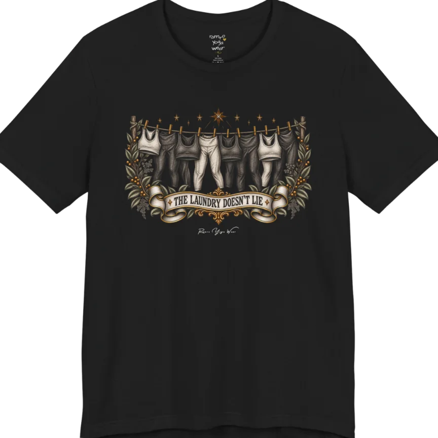 A short sleeved tee. Illustrated clothesline strung with repeating pairs of leggings and tops, framed by botanical leaf sprigs and stars. Laundry T-Shirt flat lay is a Bella+Canvas 3001 and the color is Black.